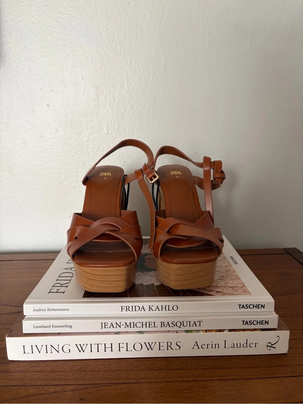 Zara Tan Brown Leather Platform Sandals with Knotted Straps